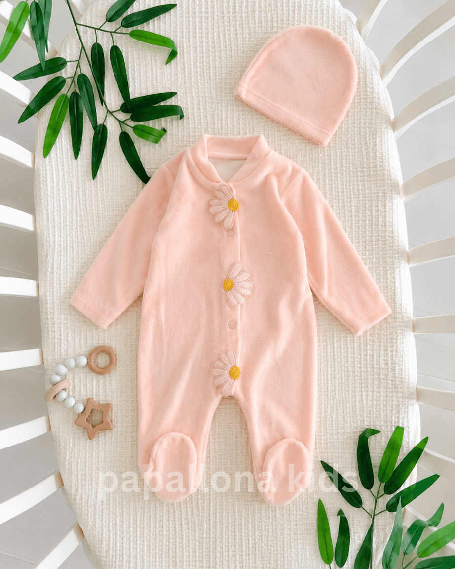 Combinaison velours fille avec bonnet fleurs