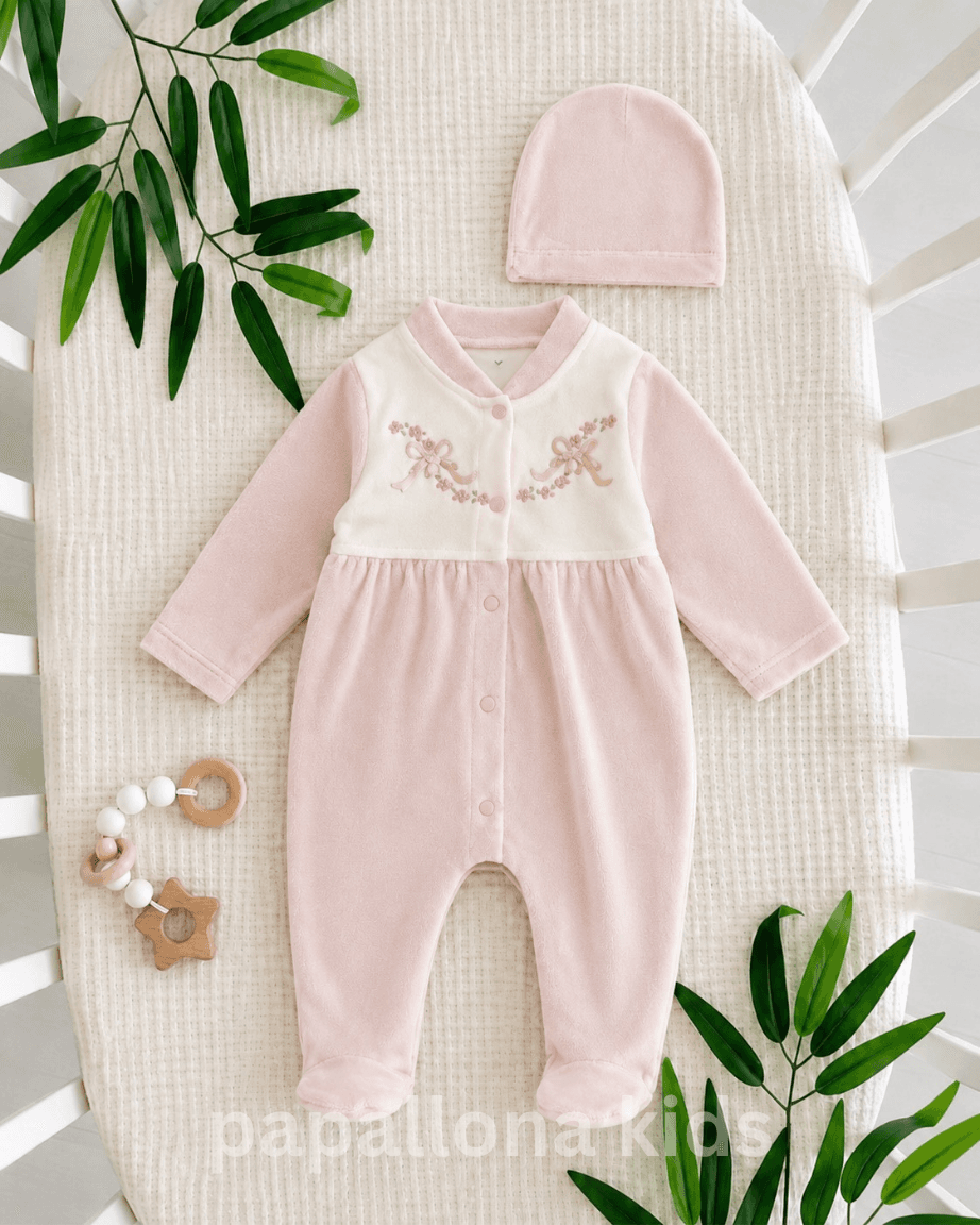 Combinaison velours fille avec bonnet fleuri