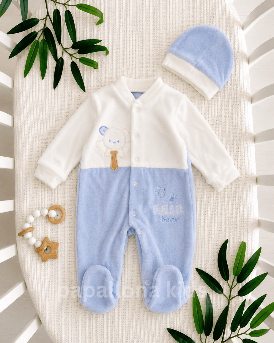 Combinaison velours bébé garçon avec bonnet ourson