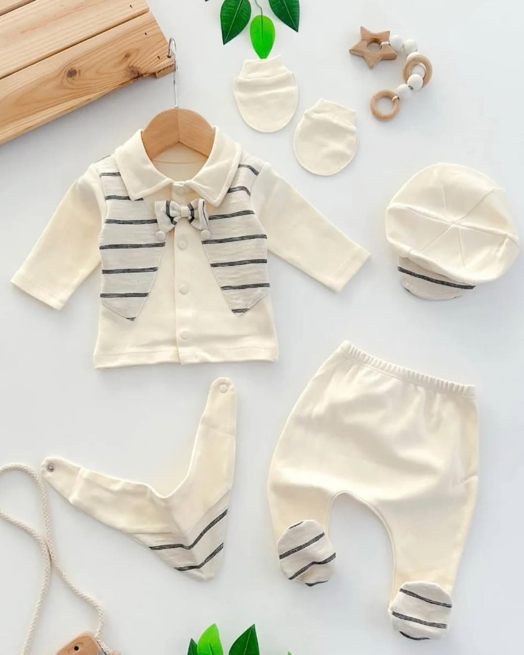 Ensemble bébé luxe beige à rayures, 100% coton