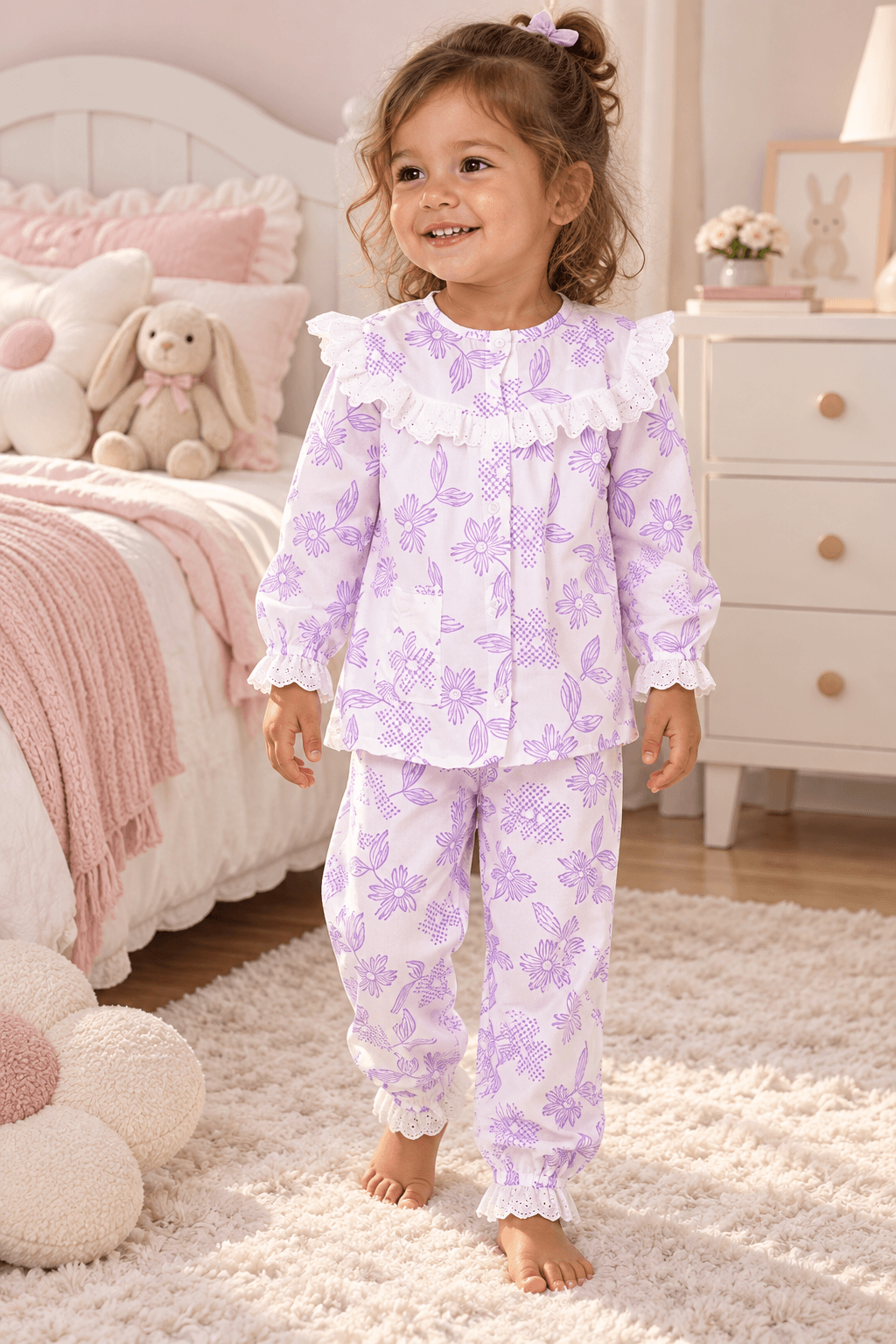 Ensemble fleurs violettes à volants en dentelle