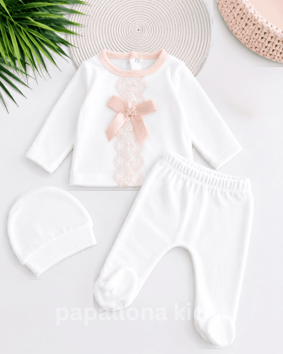 Ensemble naissance fille blanc avec dentelle et nœud