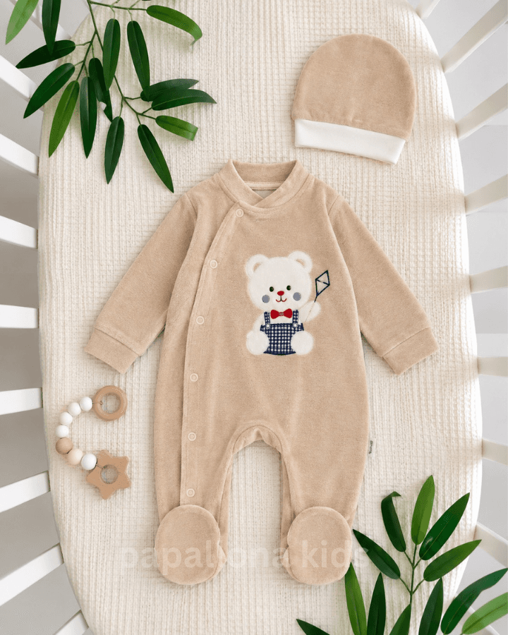 Combinaison naissance en velours avec bonnet ourson — 2