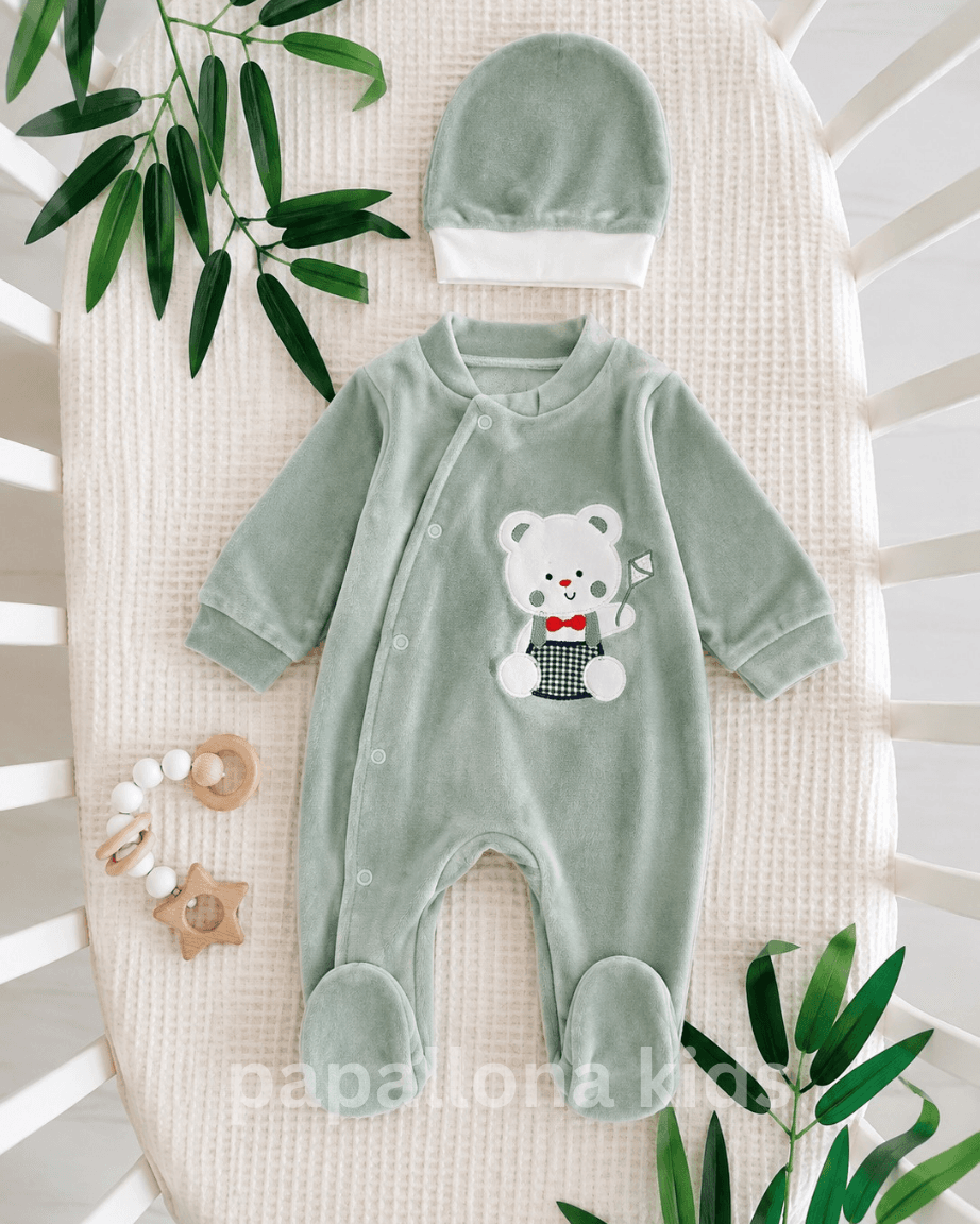 Pyjama velours naissance avec bonnet ourson