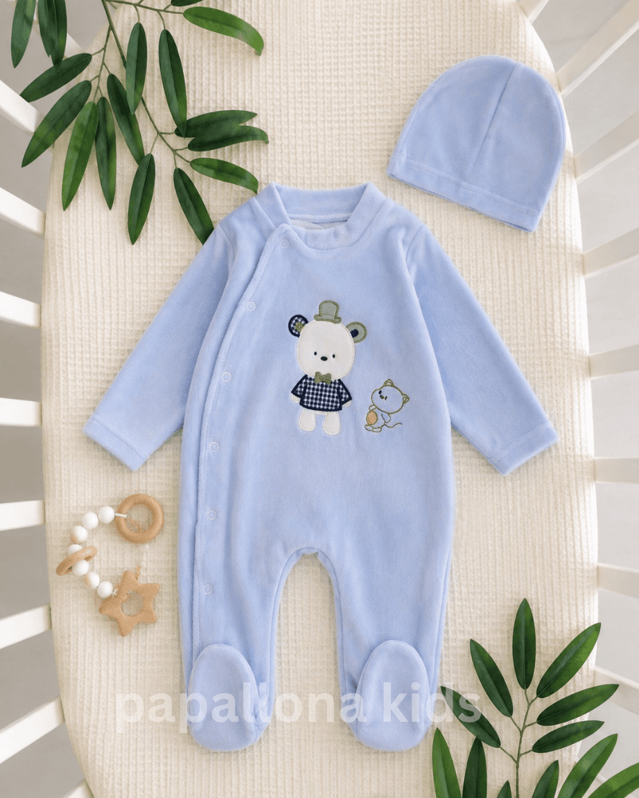 Combinaison velours bébé ours avec bonnet