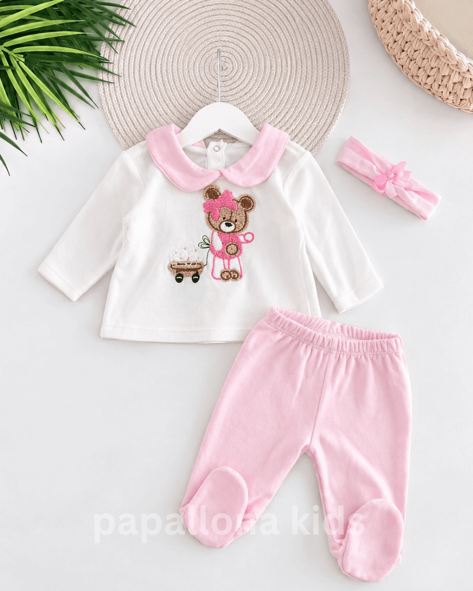 Ensemble naissance fille en velours rose ourson