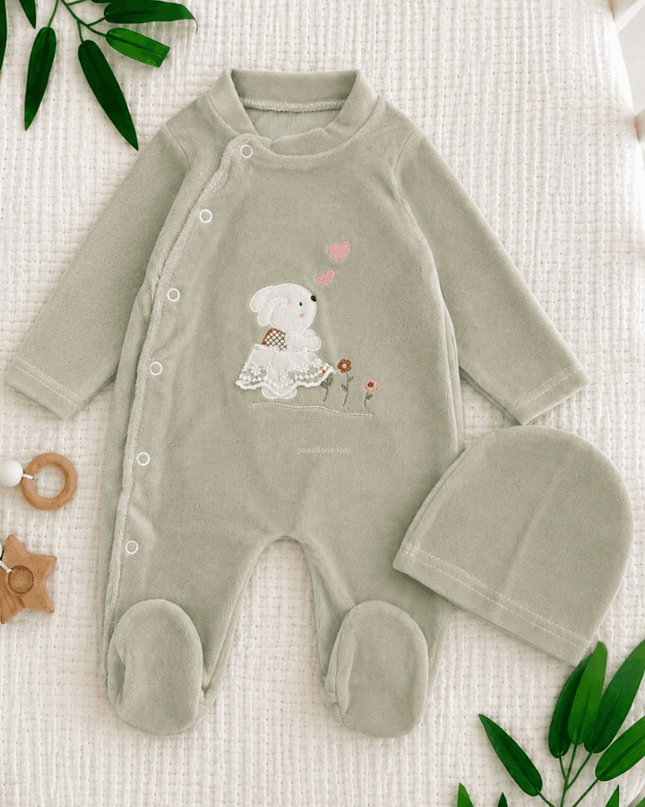 Grenouillère velours bébé avec bonnet lapin — 2