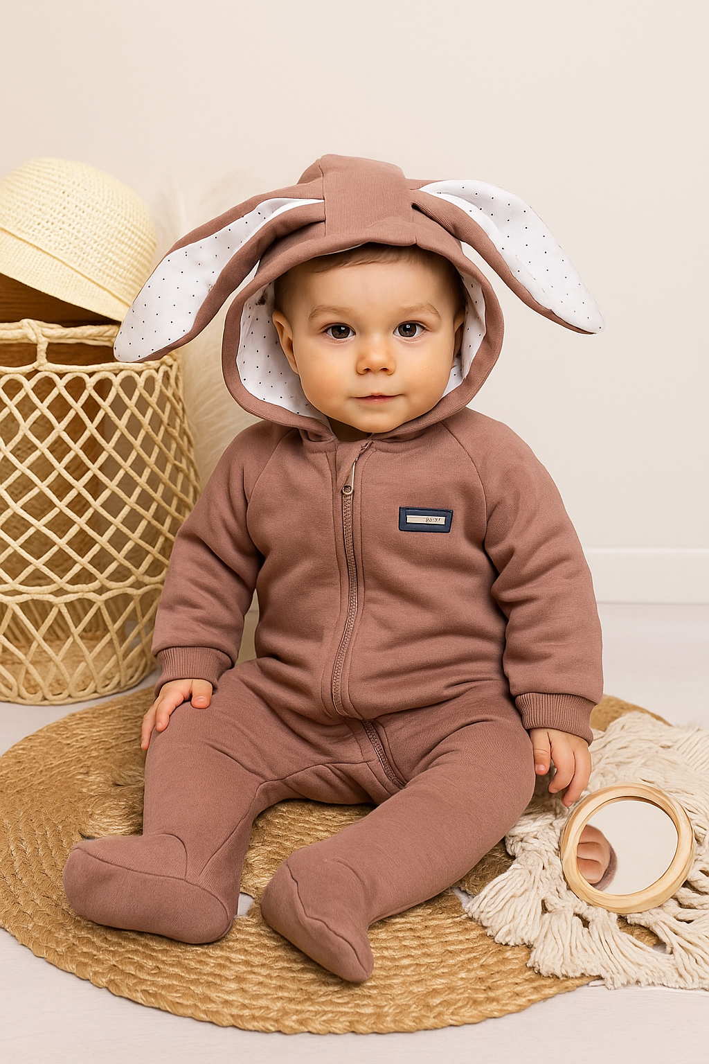 طقم الأرنب البني الدافئ بأذنين طويلتين كيوت  🤎✨