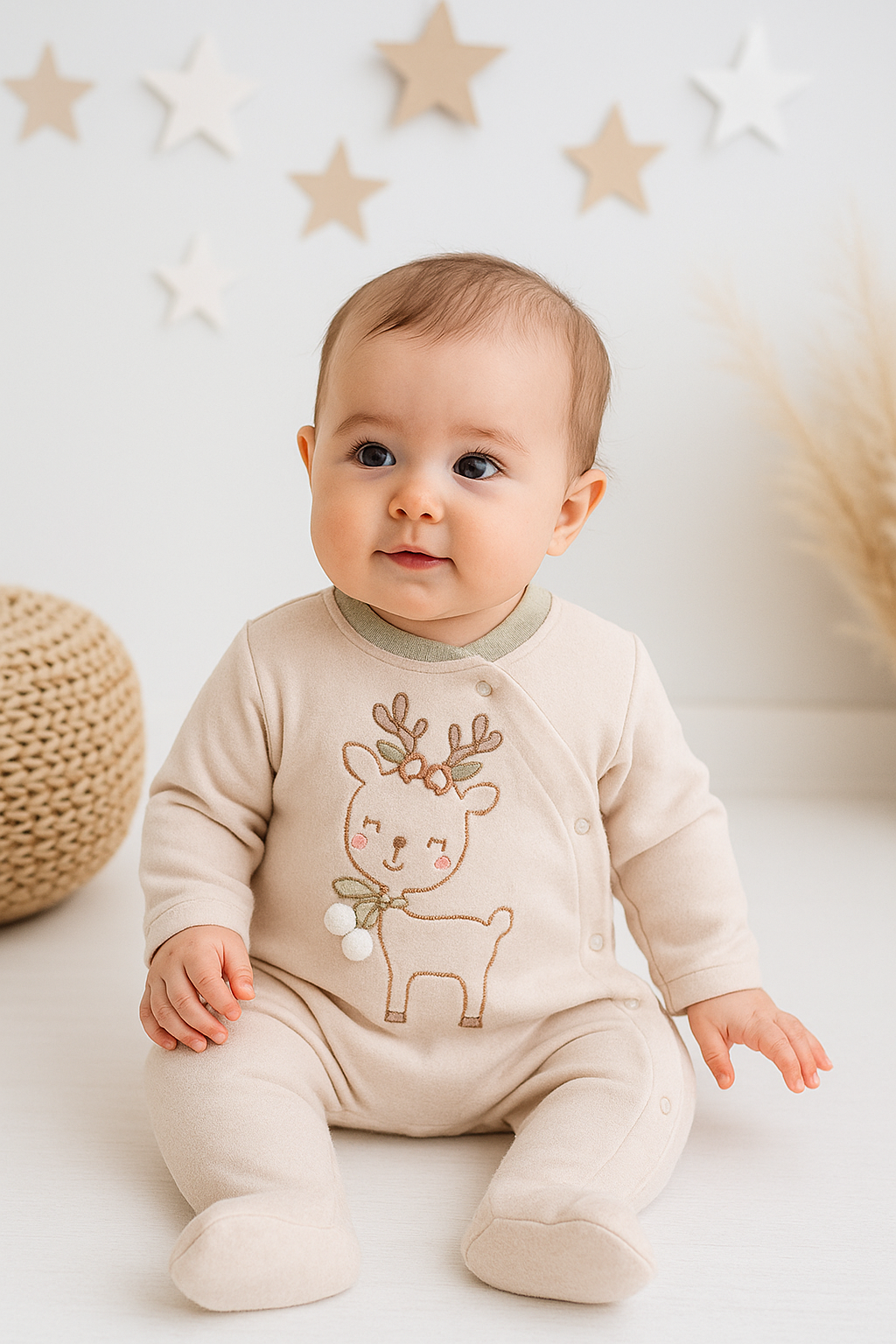 جامبسوت قطني ناعم بتطريز غزال لطيف – تصميم مريح للمولود الجديد