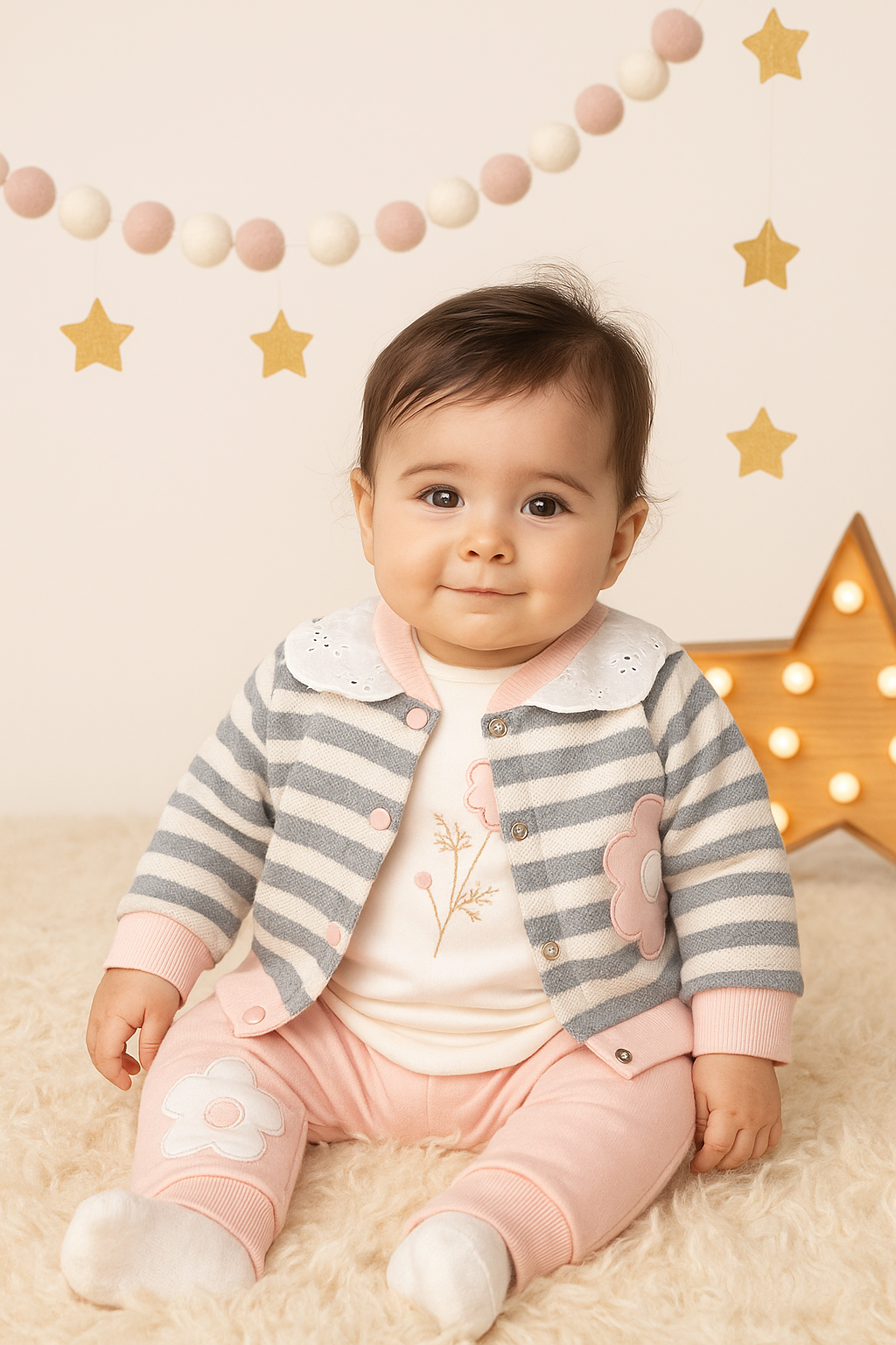 طقم أطفال للبنات بتفاصيل زهرية ودانتيل أنيق