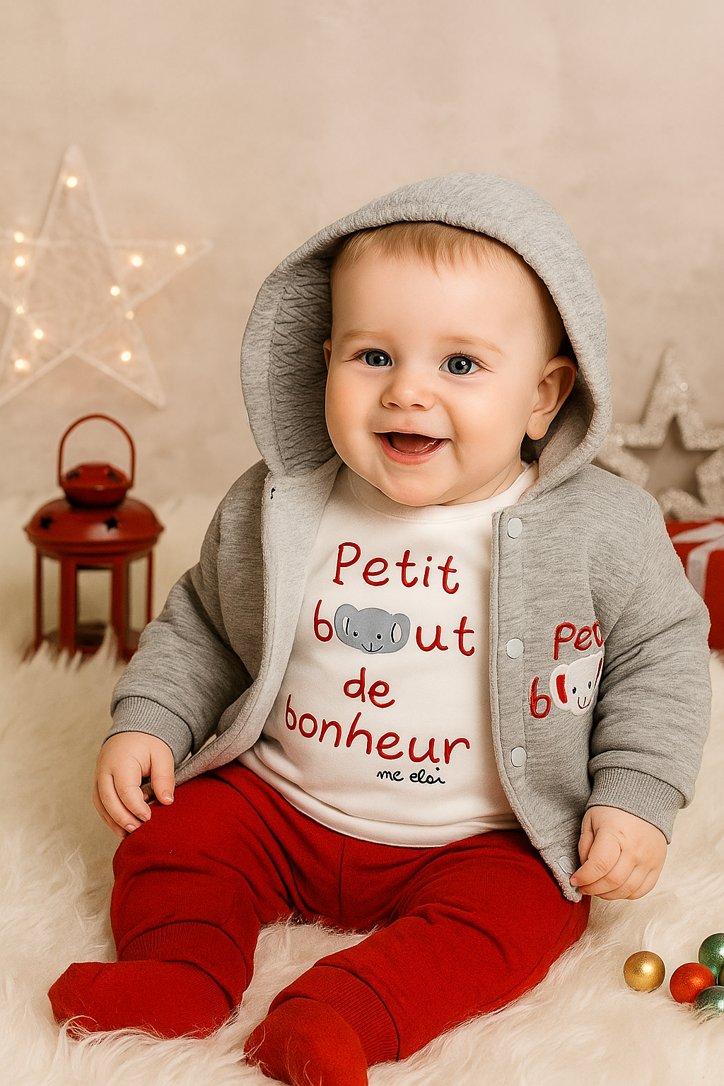 طقم من ثلاث قطع بلون رمادي وأحمر أنيق