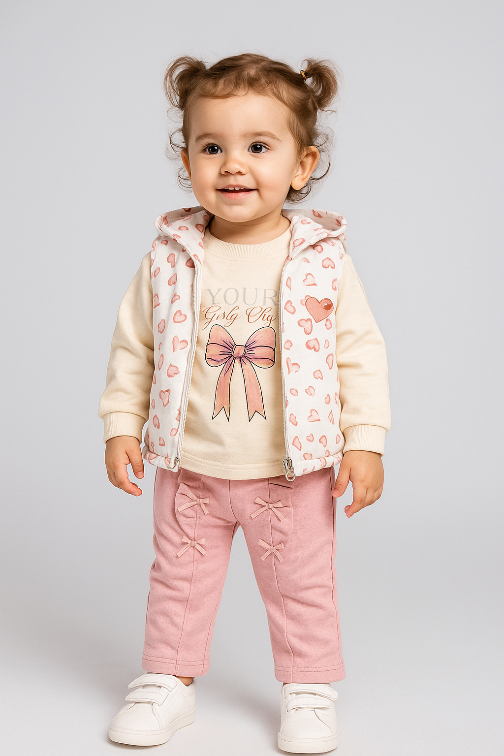 طقم بناتي شتوي بثلاث قطع بنقشة القلوب الوردية