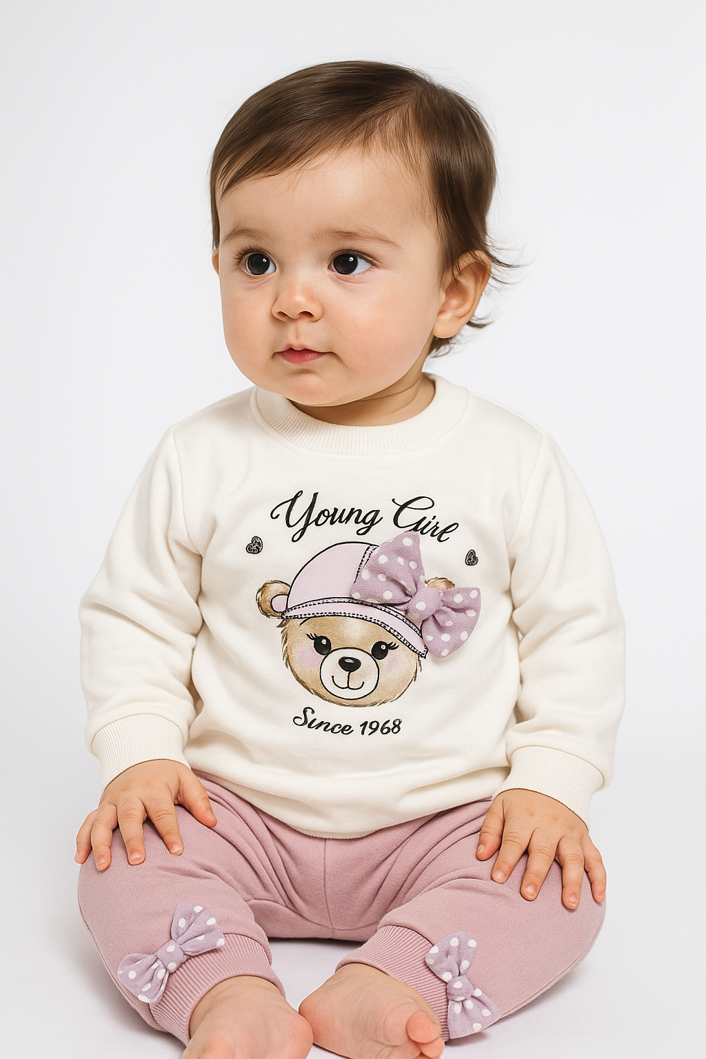 طقم بناتي من قطعتين بتصميم دب لطيف وألوان ناعمة