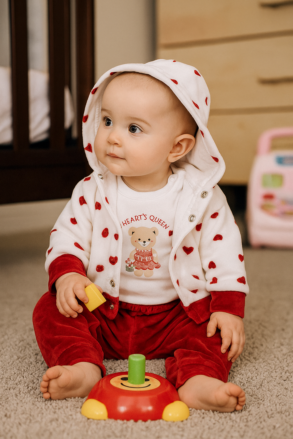 طقم بناتي من ثلاث قطع بطبعة قلوب ناعمة