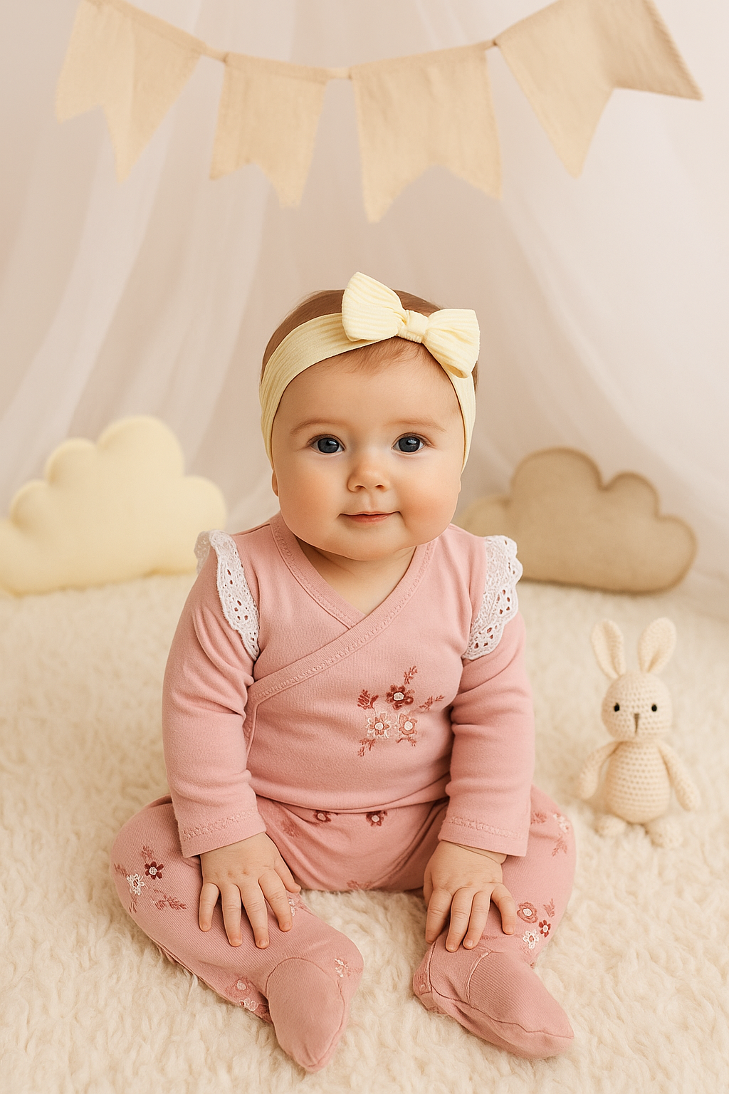 طقم بيبي بناتي 5 قطع باللون البني المزهر