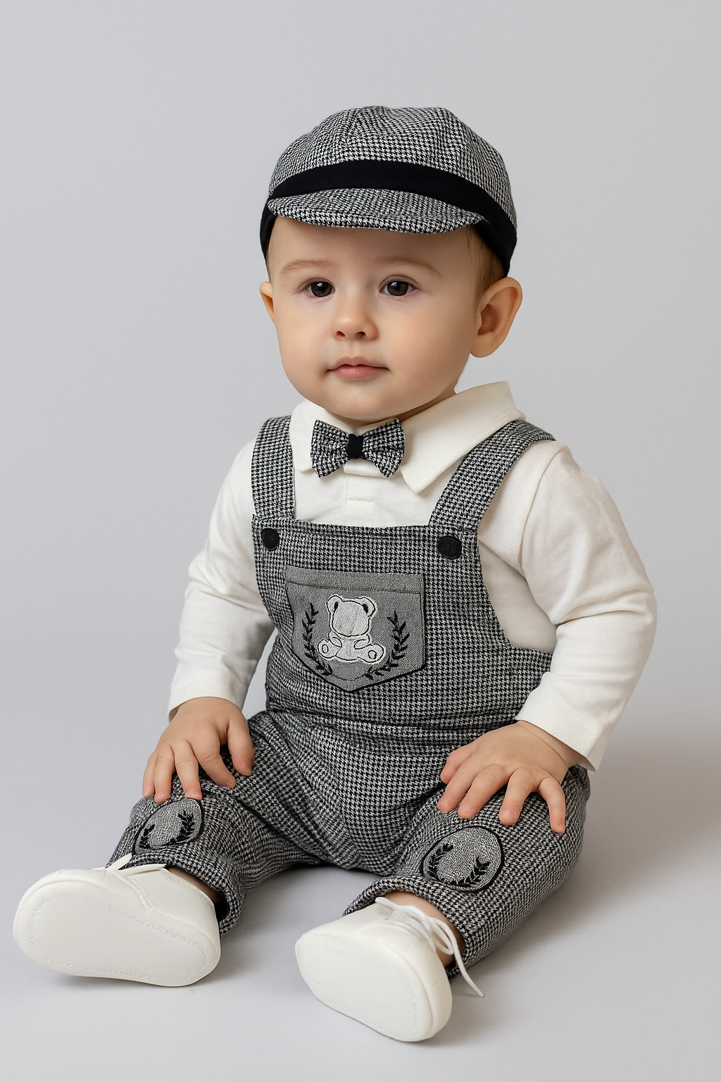 🧸 طقم دبدوب كلاسيكي للأولاد مع قبعة وفيونكة أنيقة