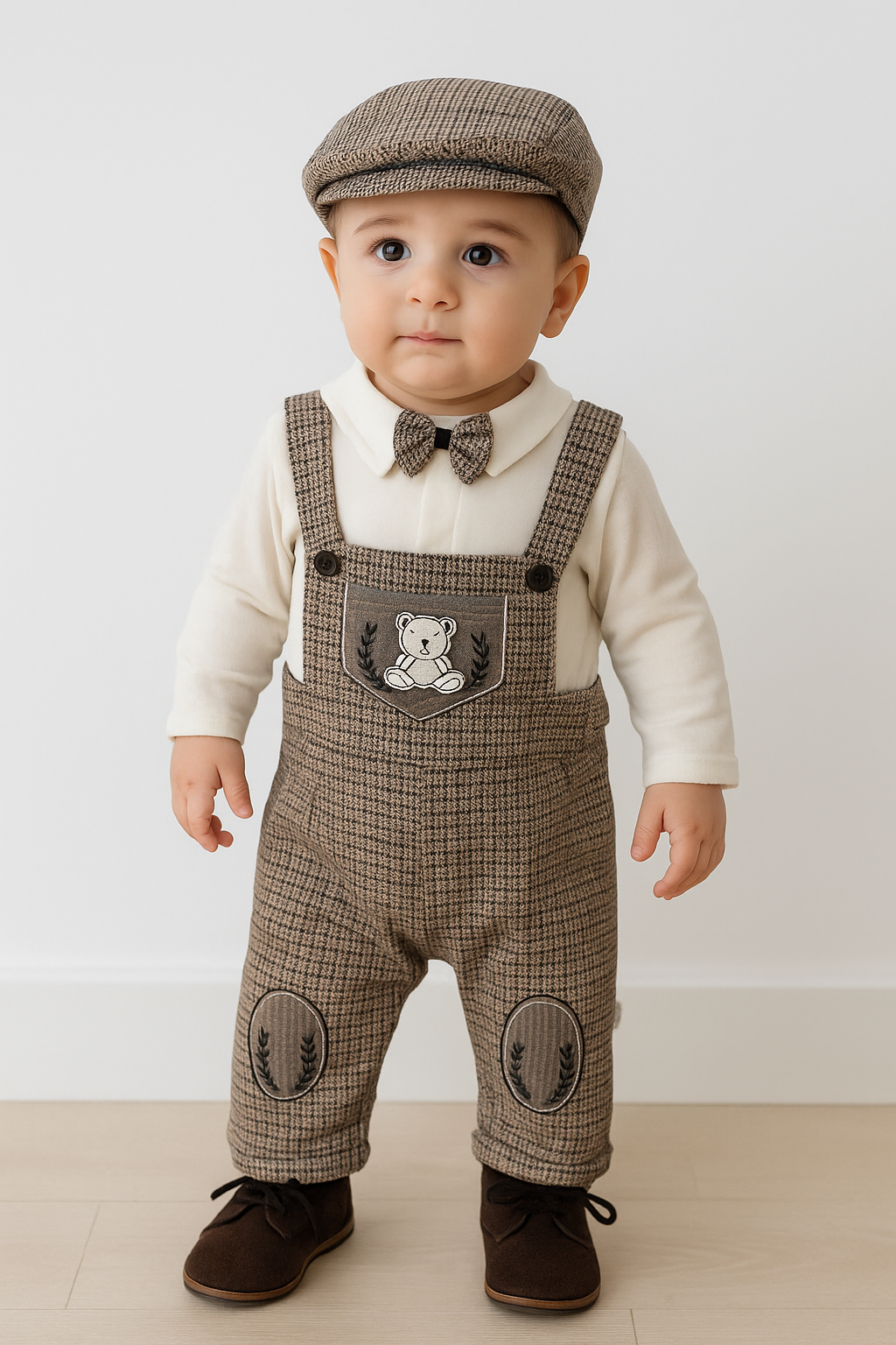 🧸 طقم دبدوب كلاسيكي للأولاد مع قبعة وفيونكة أنيقة