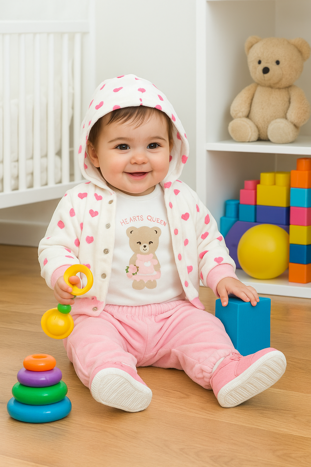 طقم بناتي من ثلاث قطع بطبعة قلوب ناعمة