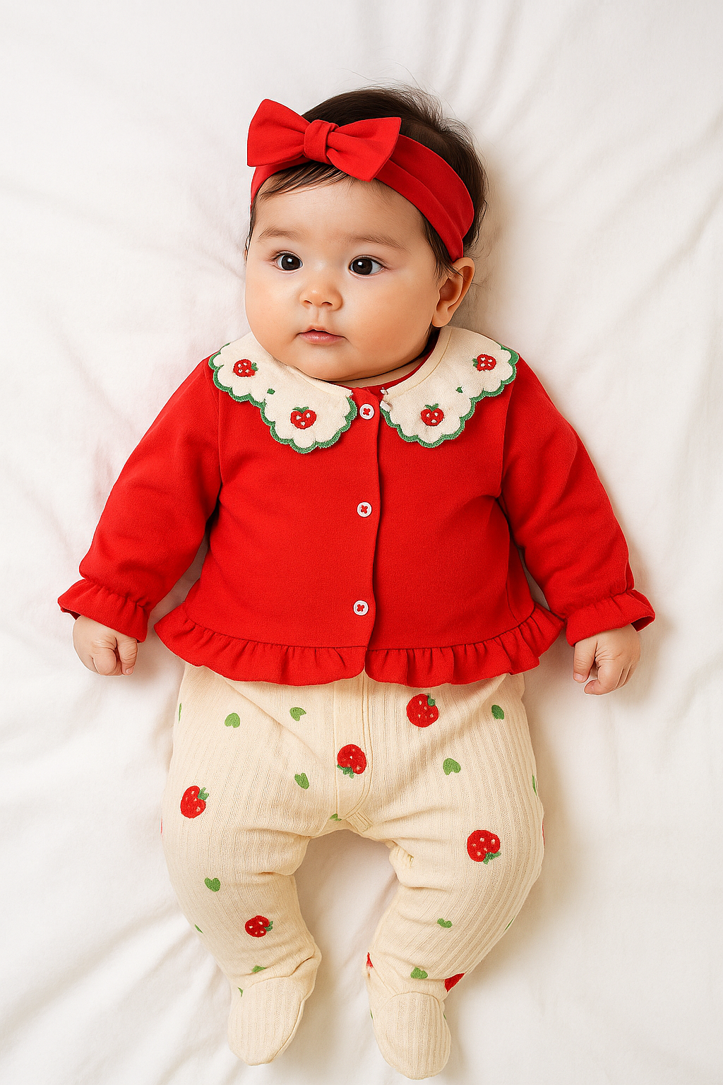 طقم بناتي بطبعة كرز وياقة مطرزة أنيقة