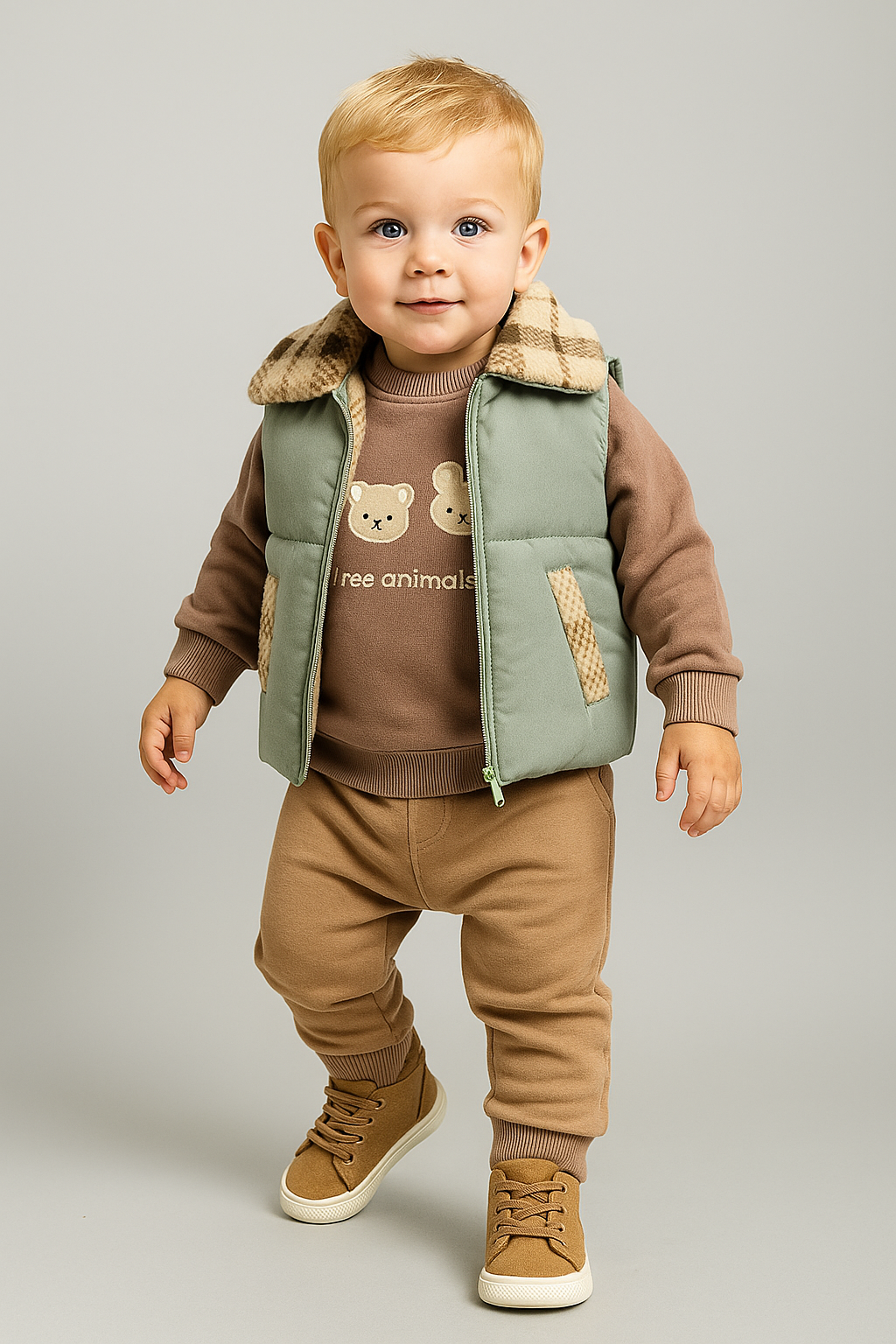 طقم مواليد شتوي من ثلاث قطع بصديري كاروهات ودب لطيف