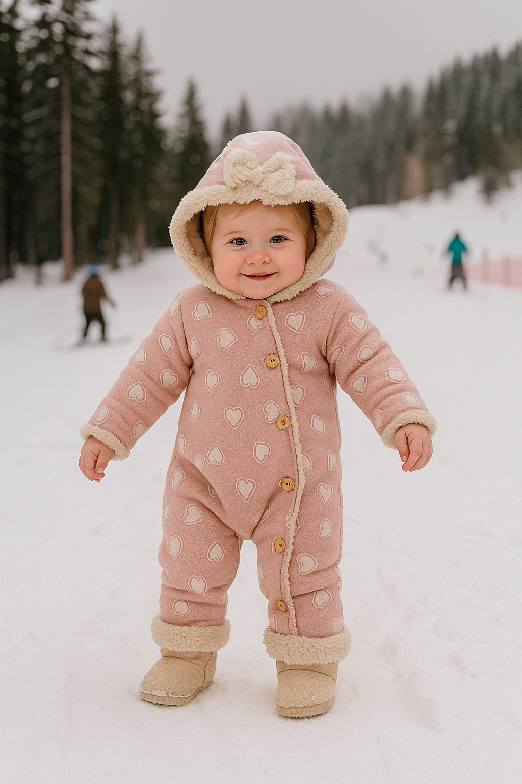💕 طقم شتوي بناتي دافئ بنقشة القلوب وكابيشو بفرو ناعم