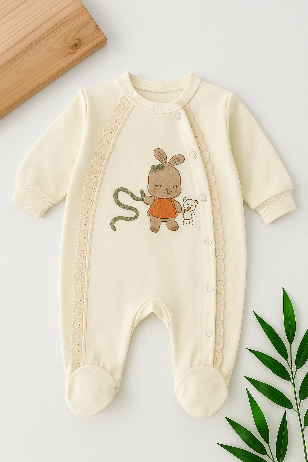 طقم بيبي ناعم بتصميم أرنب وتفاصيل دانتيل رقيقة 🤍🐰