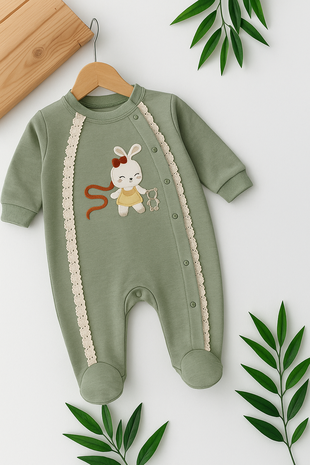 طقم بيبي ناعم بتصميم أرنب وتفاصيل دانتيل رقيقة 🤍🐰