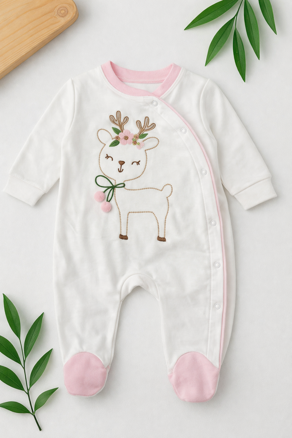 جامبسوت قطني ناعم بتطريز غزال لطيف – تصميم مريح للمولود الجديد