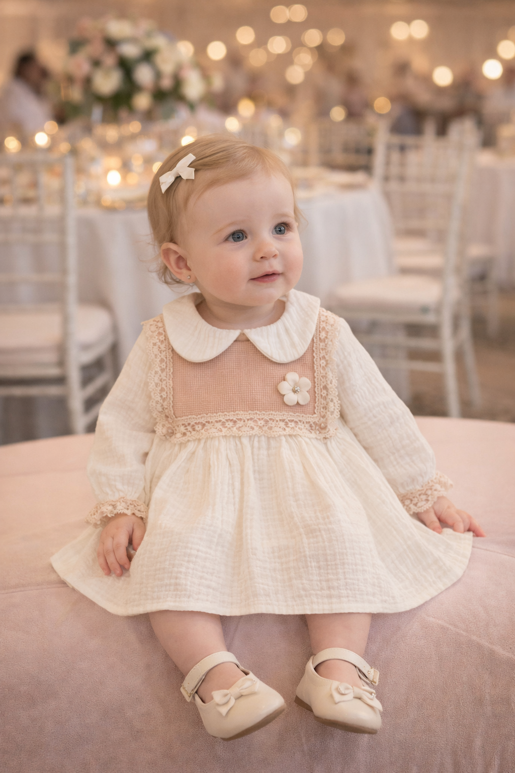 فستان طفلة فاخر بلون أوف وايت مع دانتيل أنيق