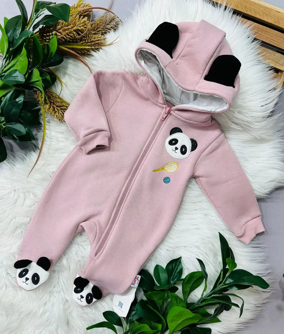 طقم باندا دافئ ولطيف بغطاء رأس للأيام الباردة 🐼💕