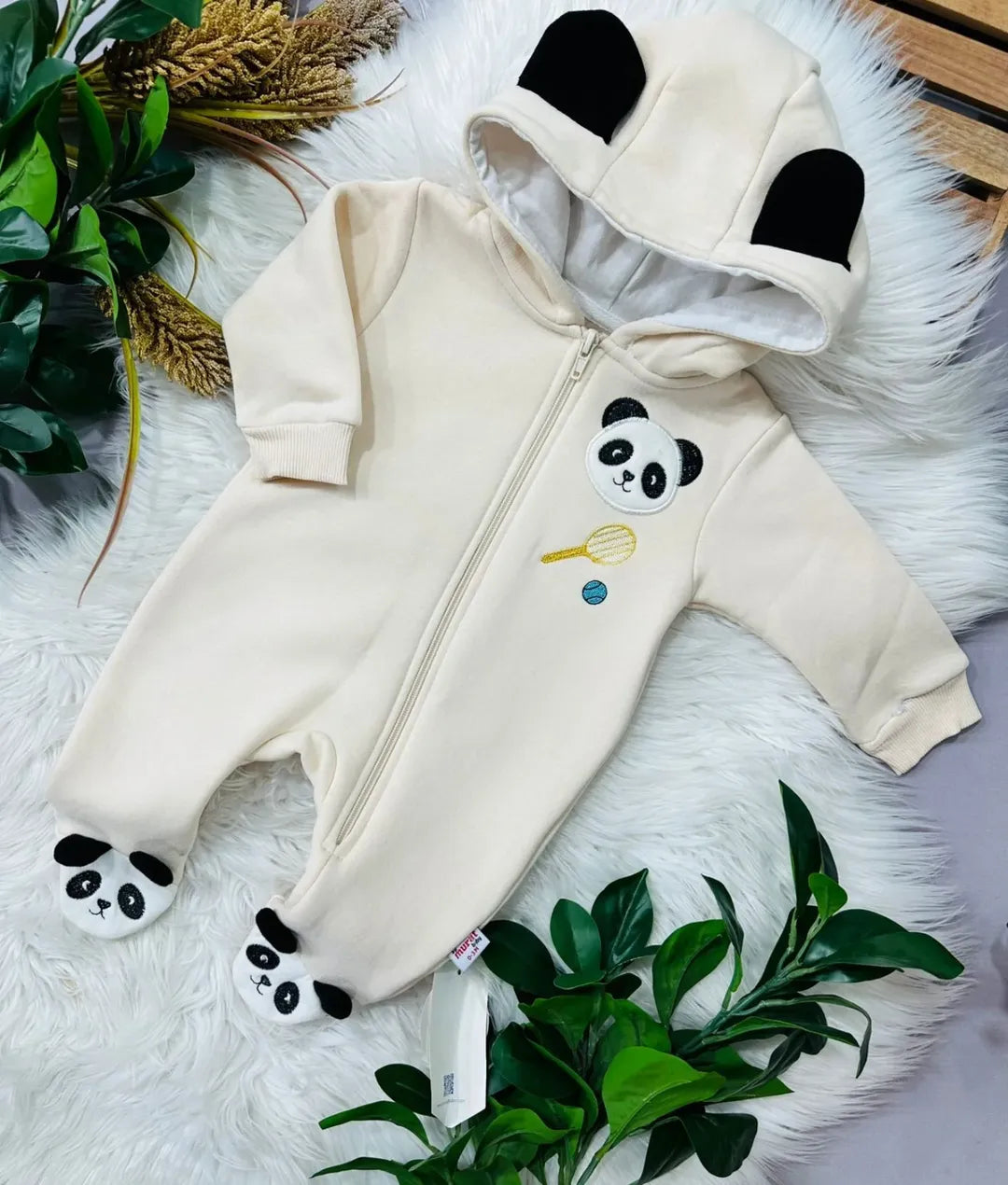 طقم باندا دافئ ولطيف بغطاء رأس للأيام الباردة 🐼💕
