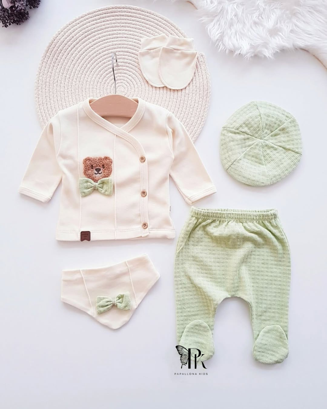 طقم أطفال حديثي الولادة مكون من 5 قطع مع سروال للجسم وقبعة وقفازات 0-3 شهور