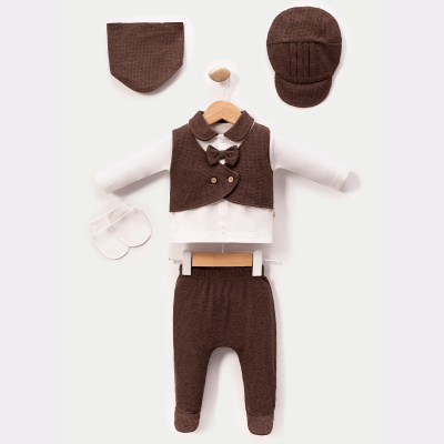 طقم مواليد رسمي باللون البني مع فيست وربطة عنق صغيرة