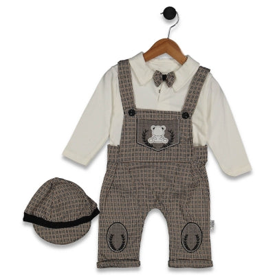 🧸 طقم دبدوب كلاسيكي للأولاد مع قبعة وفيونكة أنيقة