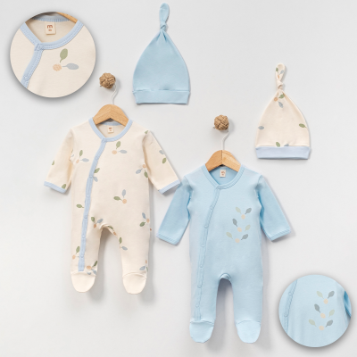 طقم حديثي الولادة بطبعة أوراق لطيفة – قطعتان مع قبعة