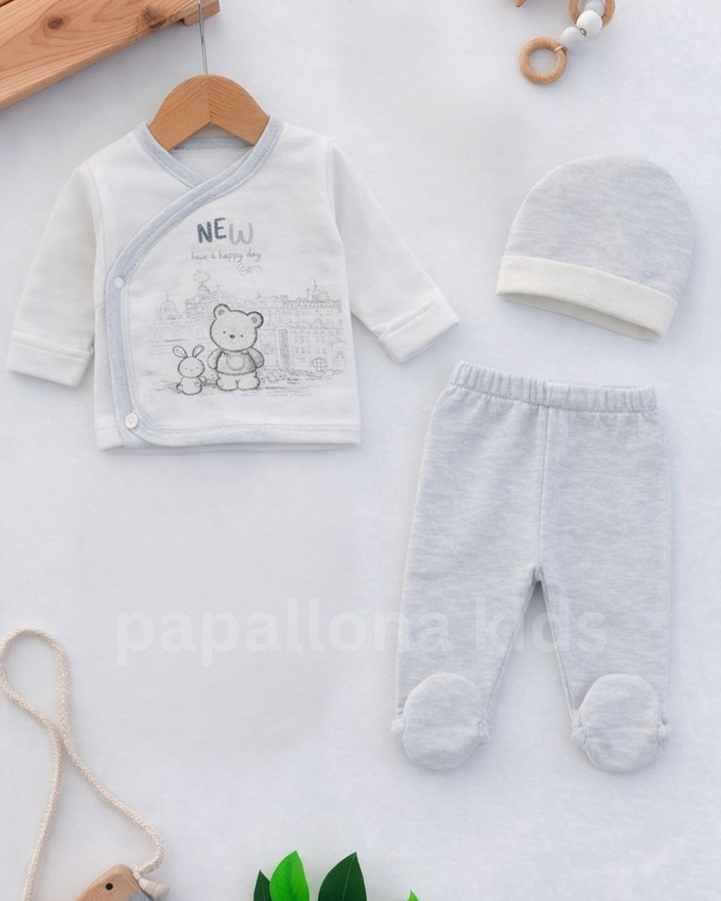 Ensemble 3 pièces doux pour bébé – 100% coton avec de jolis motifs (0-3 mois)