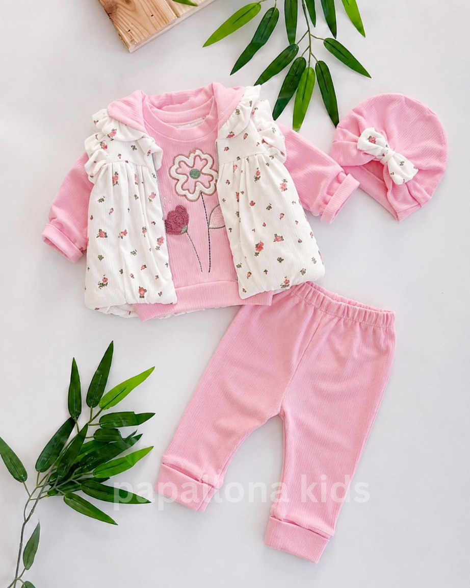 طقم بناتي 4 قطع مع جيليه – تصميم زهور أنيق وناعم 🌸🎀